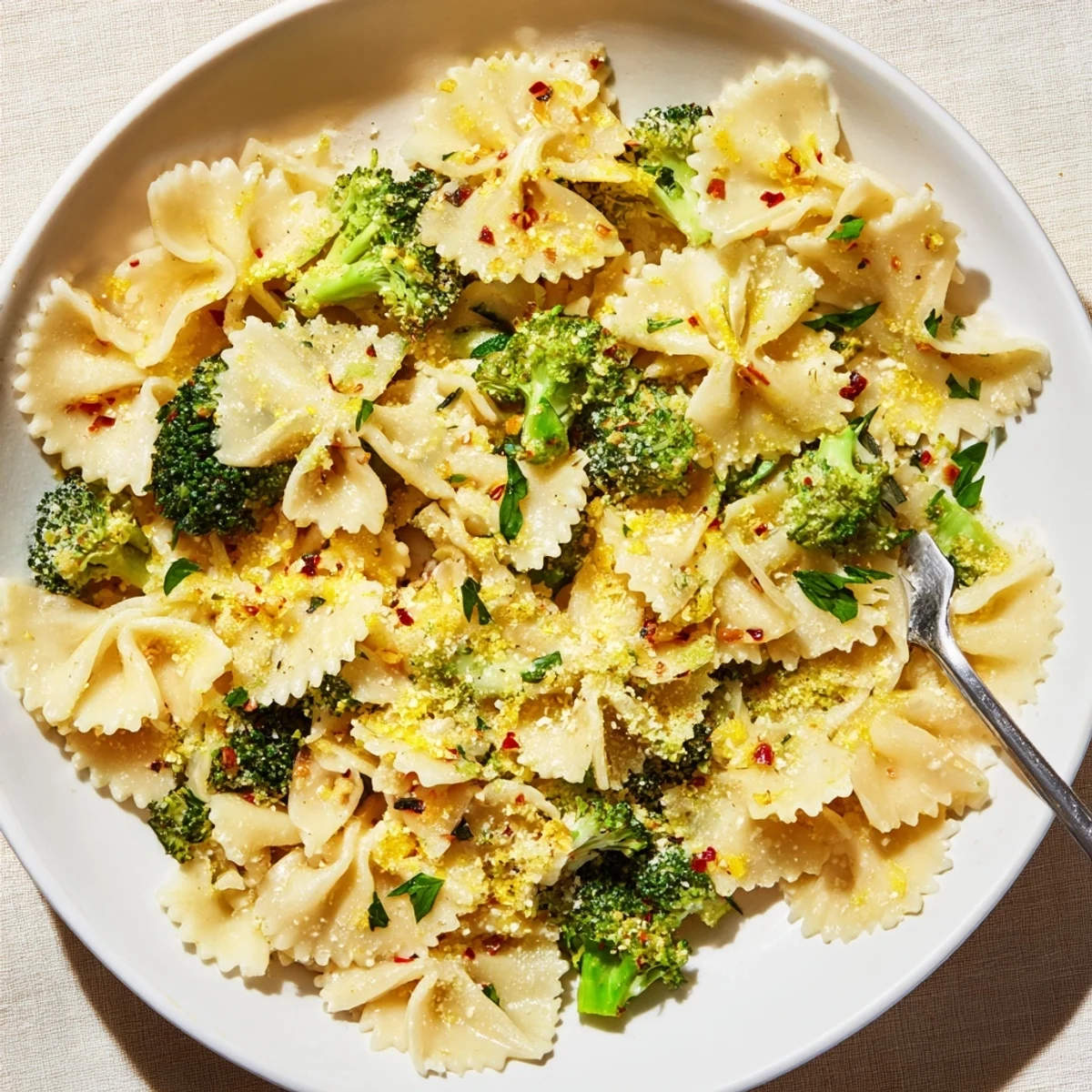Golden ribbons of mafaldine limone broccoli pasta topped with shaved Parmesan cheese