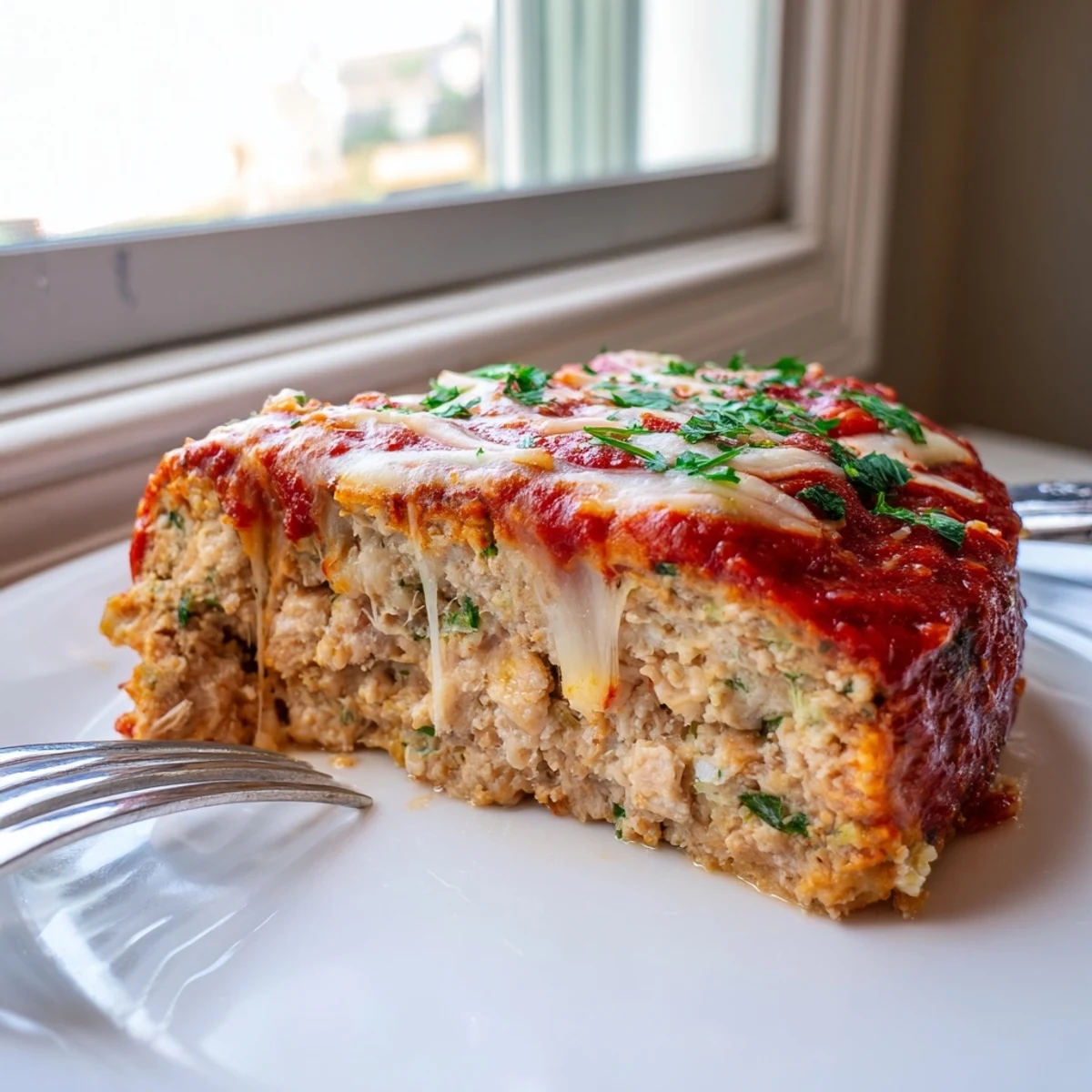 Golden Parmesan chicken meatloaf sliced thick and topped with rich marinara sauce