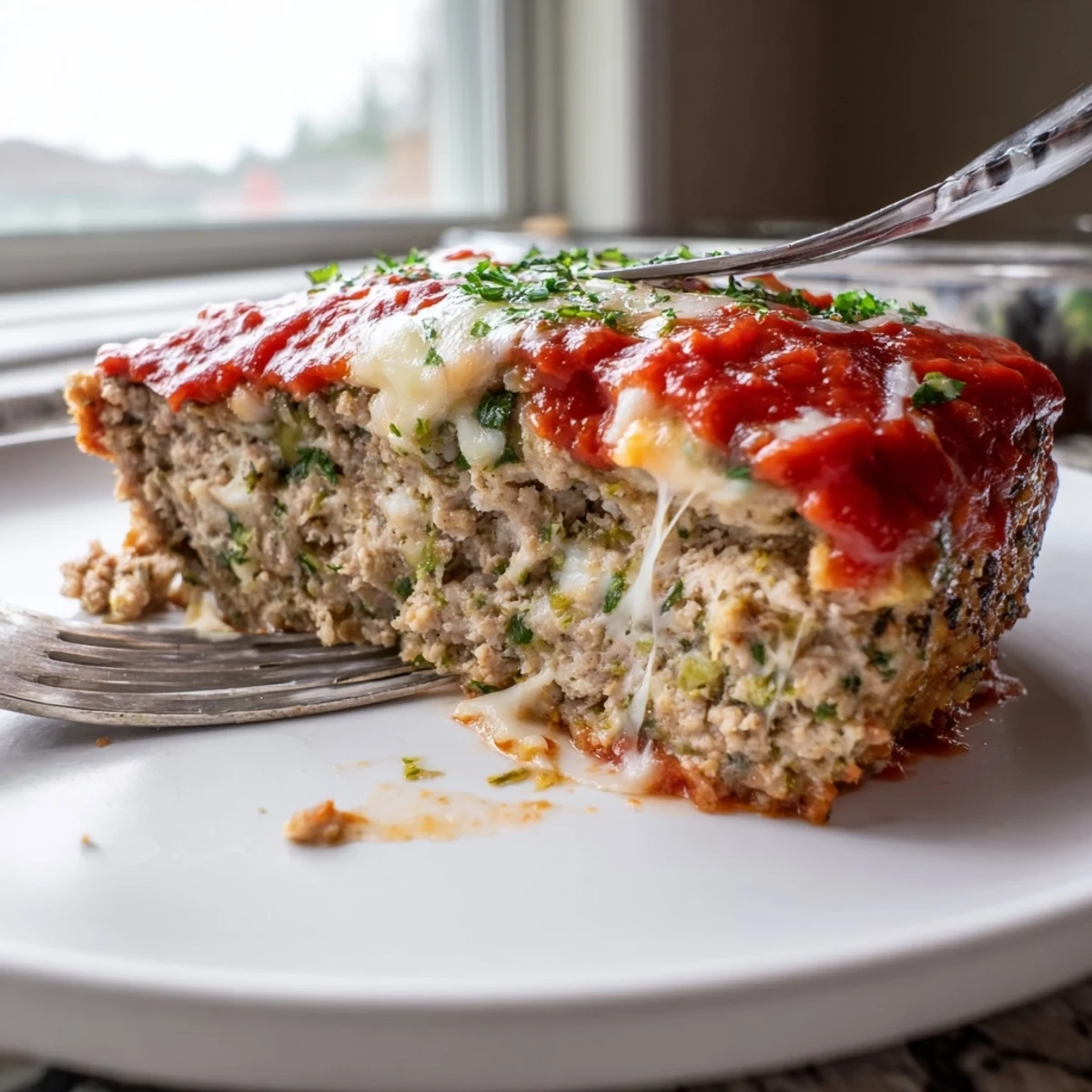 Juicy Parmesan chicken meatloaf fresh from the oven with melted mozzarella cheese