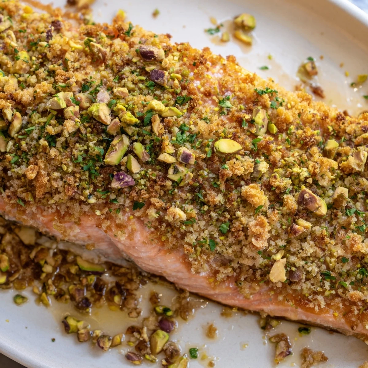 Golden maple pistachio salmon fillet with a crunchy nut crust on a parchment-lined baking sheet