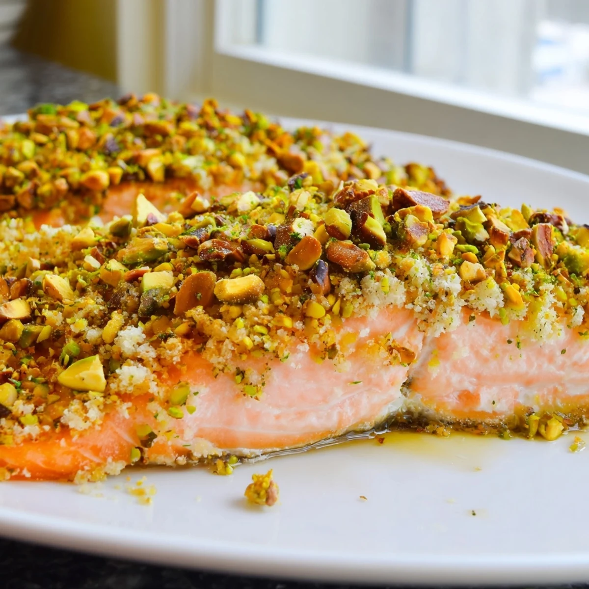 Caramelized maple pistachio salmon served on a white plate with roasted vegetables and lemon wedges