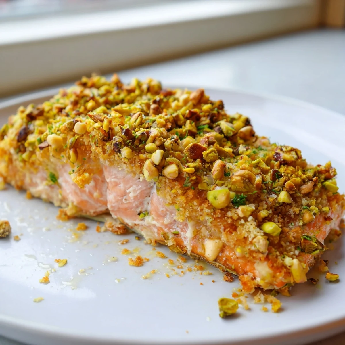 Close-up of maple pistachio salmon showing the golden glazed crust and tender pink flaky interior