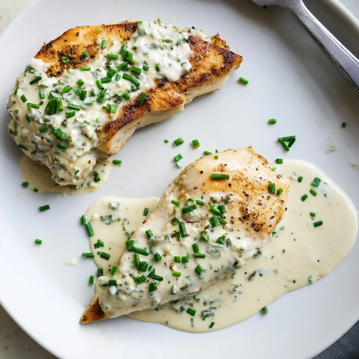 Creamy Boursin cheese sauce cascading over golden seared chicken breasts with fresh chives