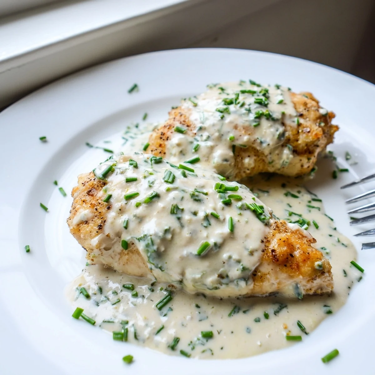 Juicy pan-seared chicken smothered in a silky garlic herb Boursin sauce on a white plate