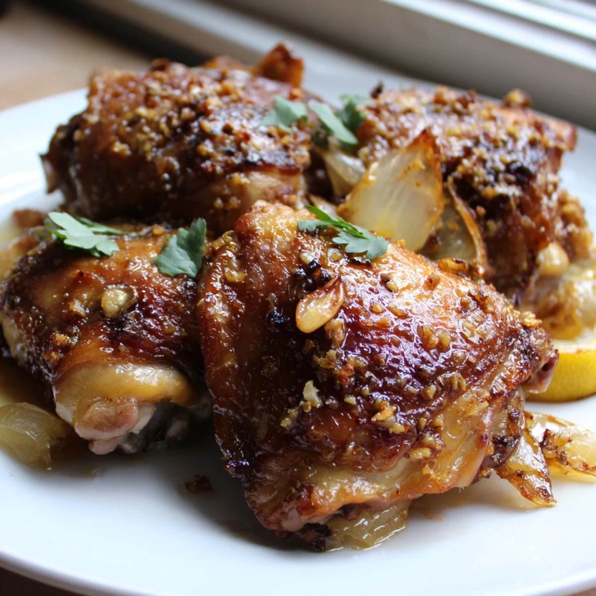 Golden ginger garlic chicken thighs baked crispy on a bed of caramelized onions