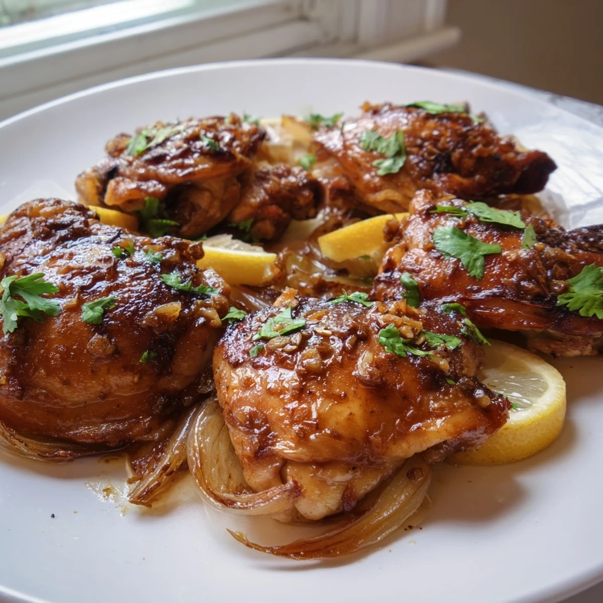 Juicy ginger garlic chicken thighs with glossy mahogany skin fresh from the oven