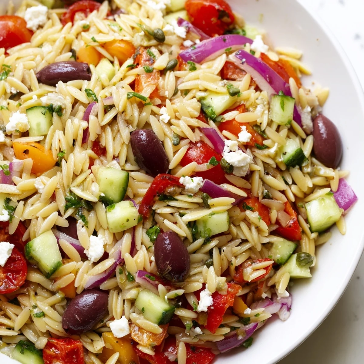 Colorful Mediterranean orzo pasta salad in a bright serving bowl with feta and olives