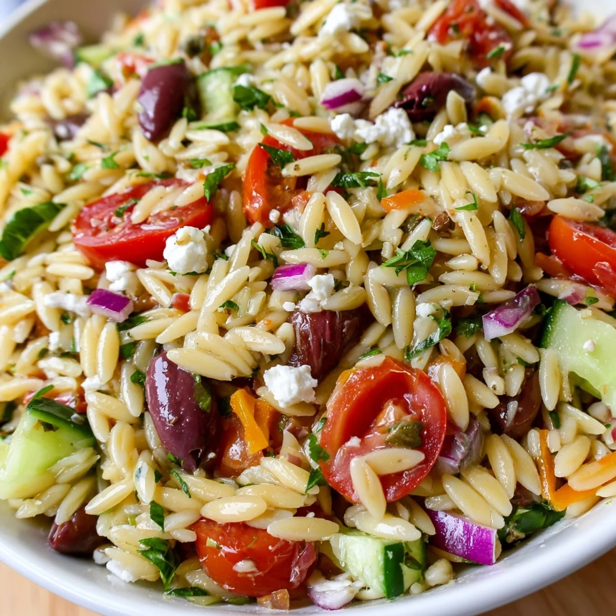 Mediterranean orzo pasta salad plated on a rustic table with creamy feta crumbled on top