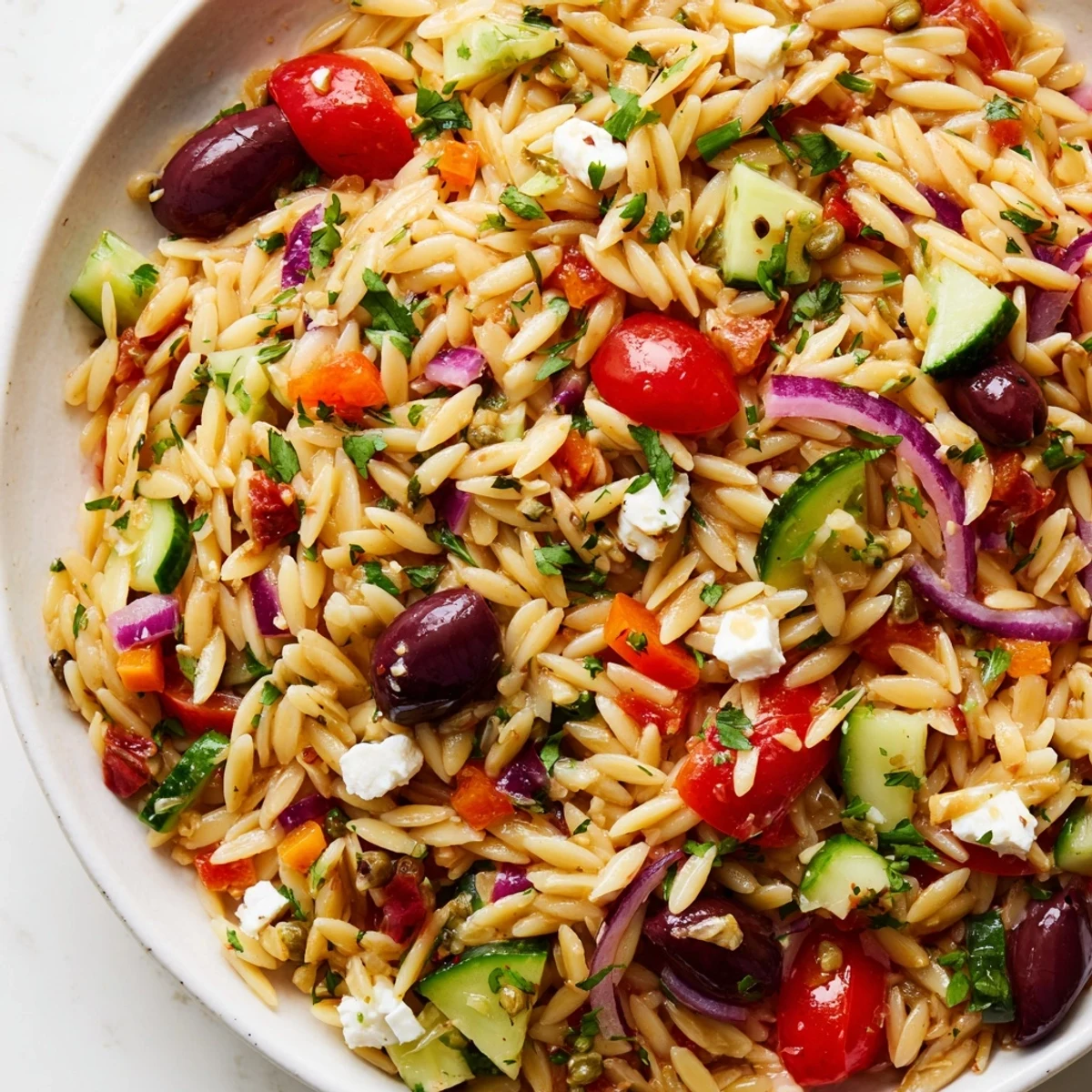 Close-up of Mediterranean orzo pasta salad tossed with crisp cucumbers, tomatoes, and herbs