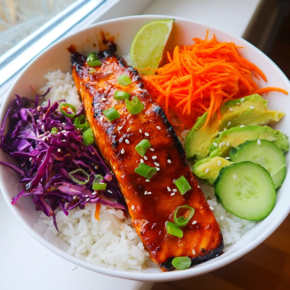 Glossy sriracha honey glazed salmon bowls drizzled with sticky sauce beside crisp fresh slaw