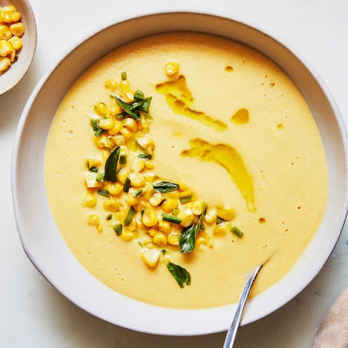 Creamy summer sweet corn gazpacho served chilled with golden corn kernels and fresh basil
