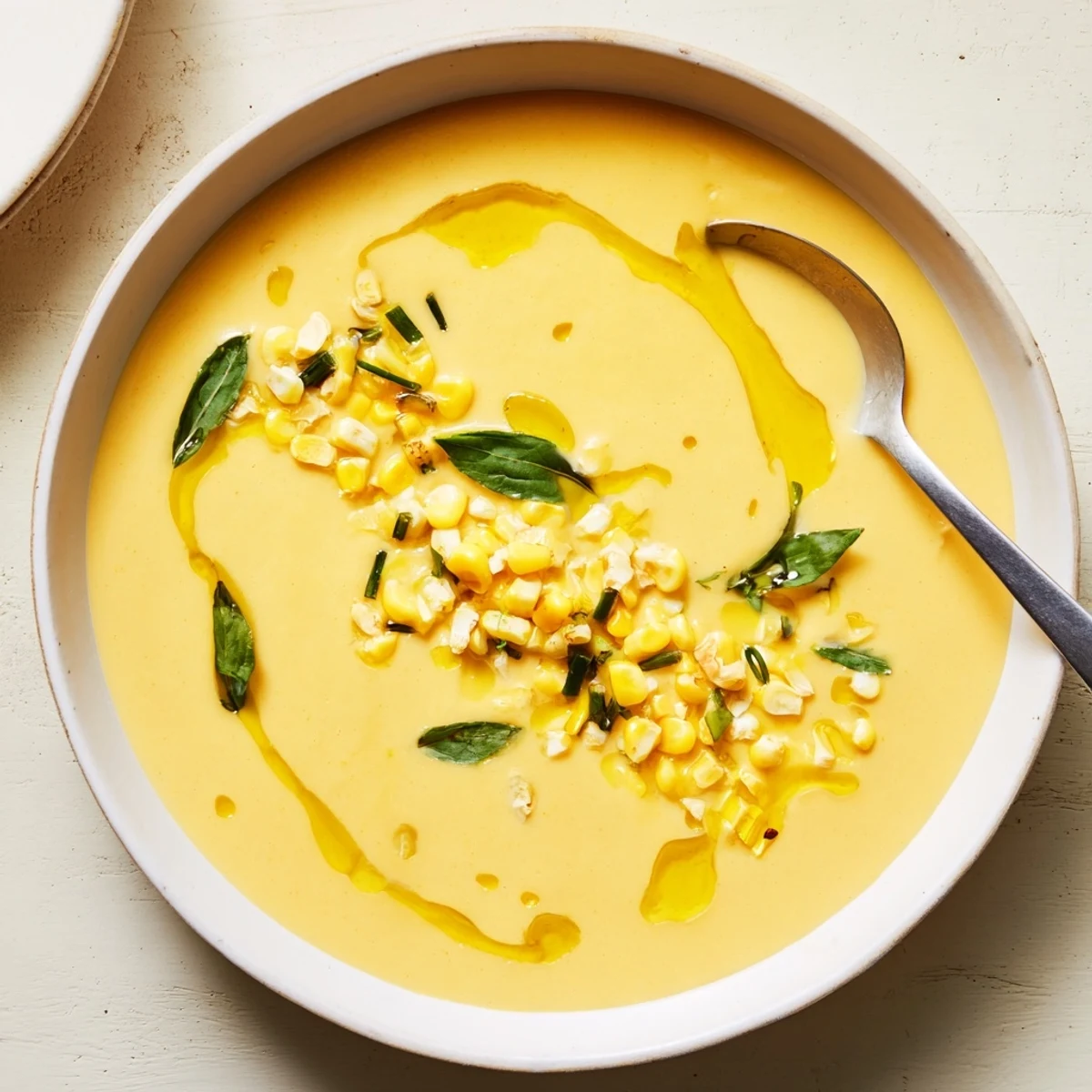 Vibrant yellow summer sweet corn gazpacho in a bowl drizzled with olive oil and herbs