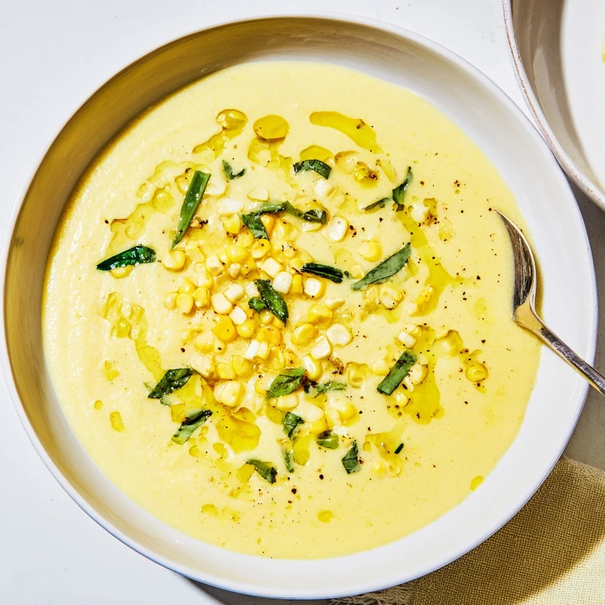 Smooth summer sweet corn gazpacho topped with diced cucumber, scallions, and a citrus garnish