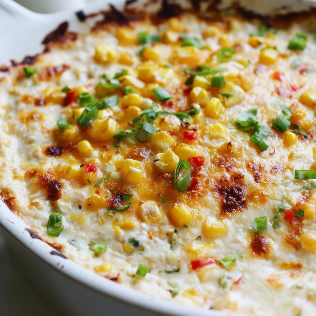Baked creamy corn jalapeño dip with melted cheddar and fresh cilantro garnish