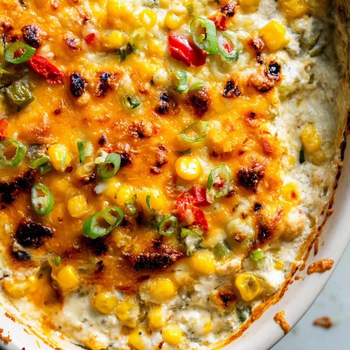Golden bubbling baked creamy corn jalapeño dip served warm with tortilla chips