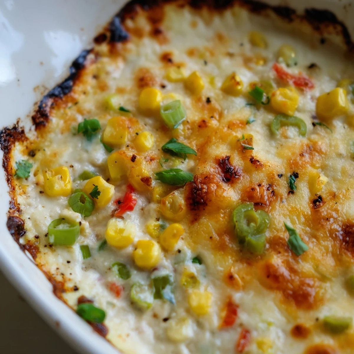 Creamy spoonful of baked corn jalapeño dip with golden Monterey Jack crust