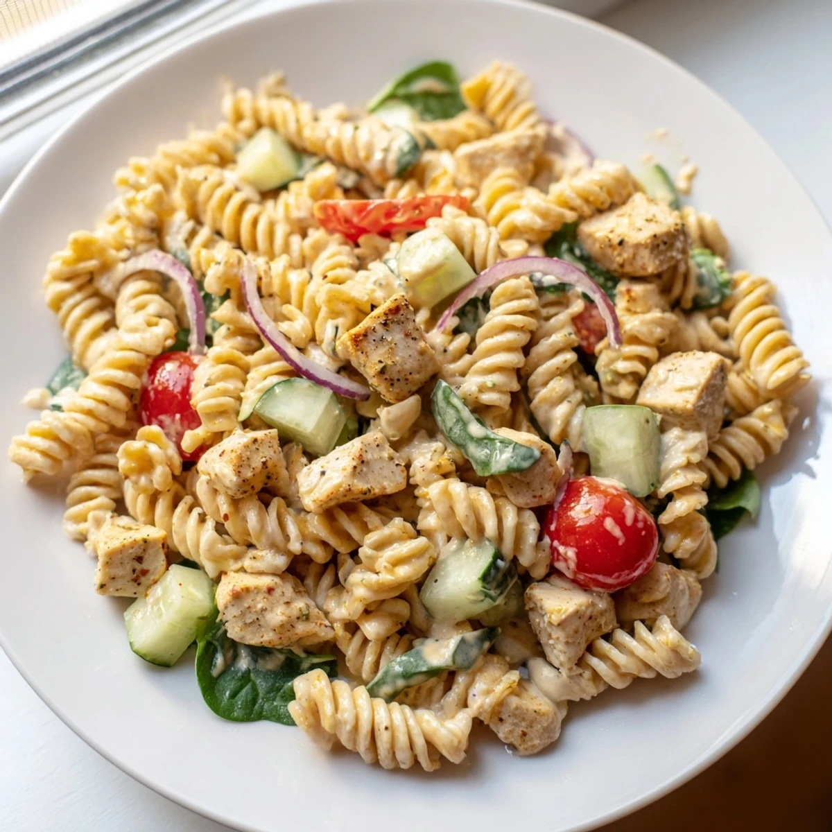 Creamy honey mustard chicken pasta salad with bright tomatoes and crisp vegetables