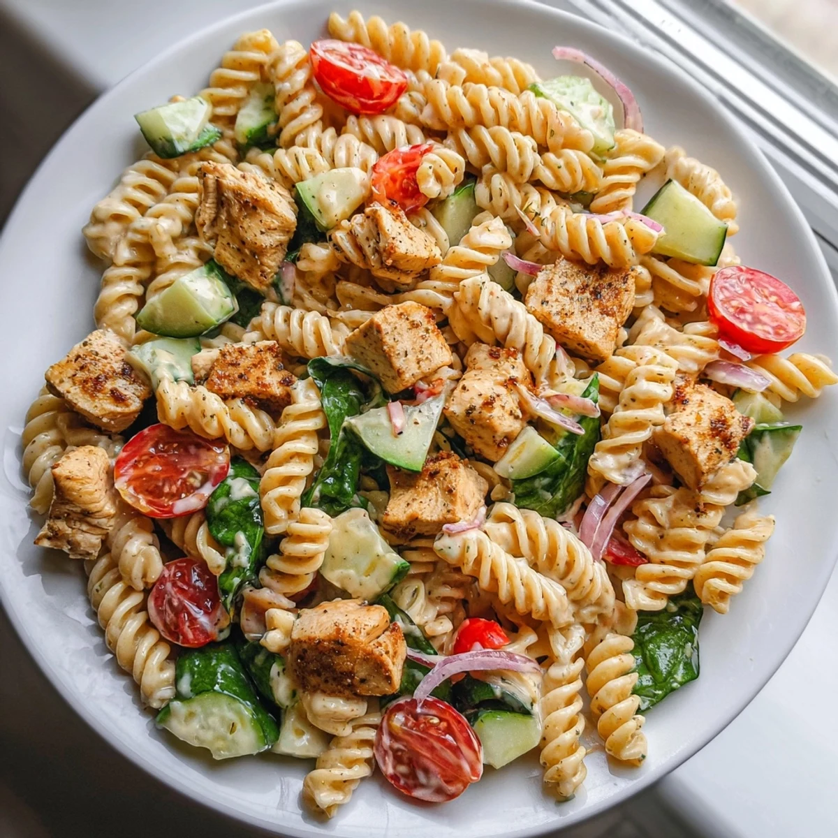 Golden seared chicken tossed in honey mustard chicken pasta salad with fresh spinach