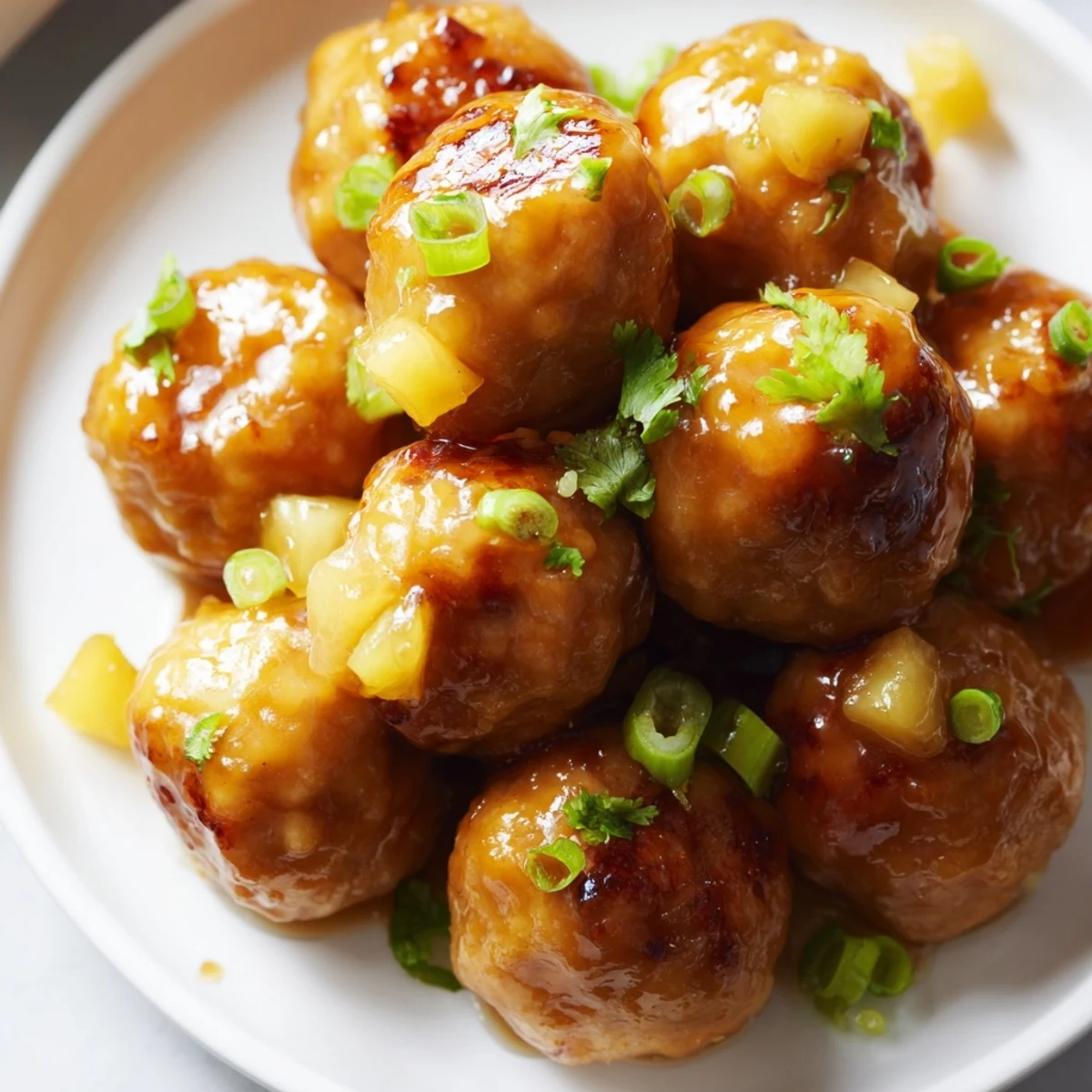 Juicy Sweet Pineapple Chicken Meatballs coated in glossy sauce over fluffy steamed rice