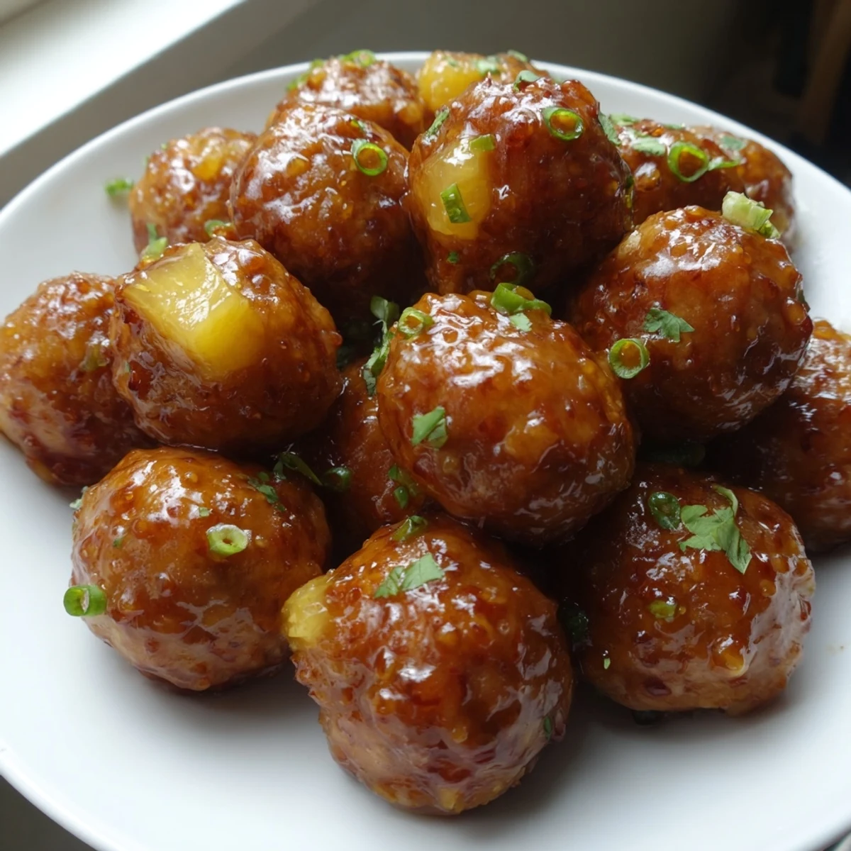 Golden Sweet Pineapple Chicken Meatballs glistening with tangy sauce on a white platter