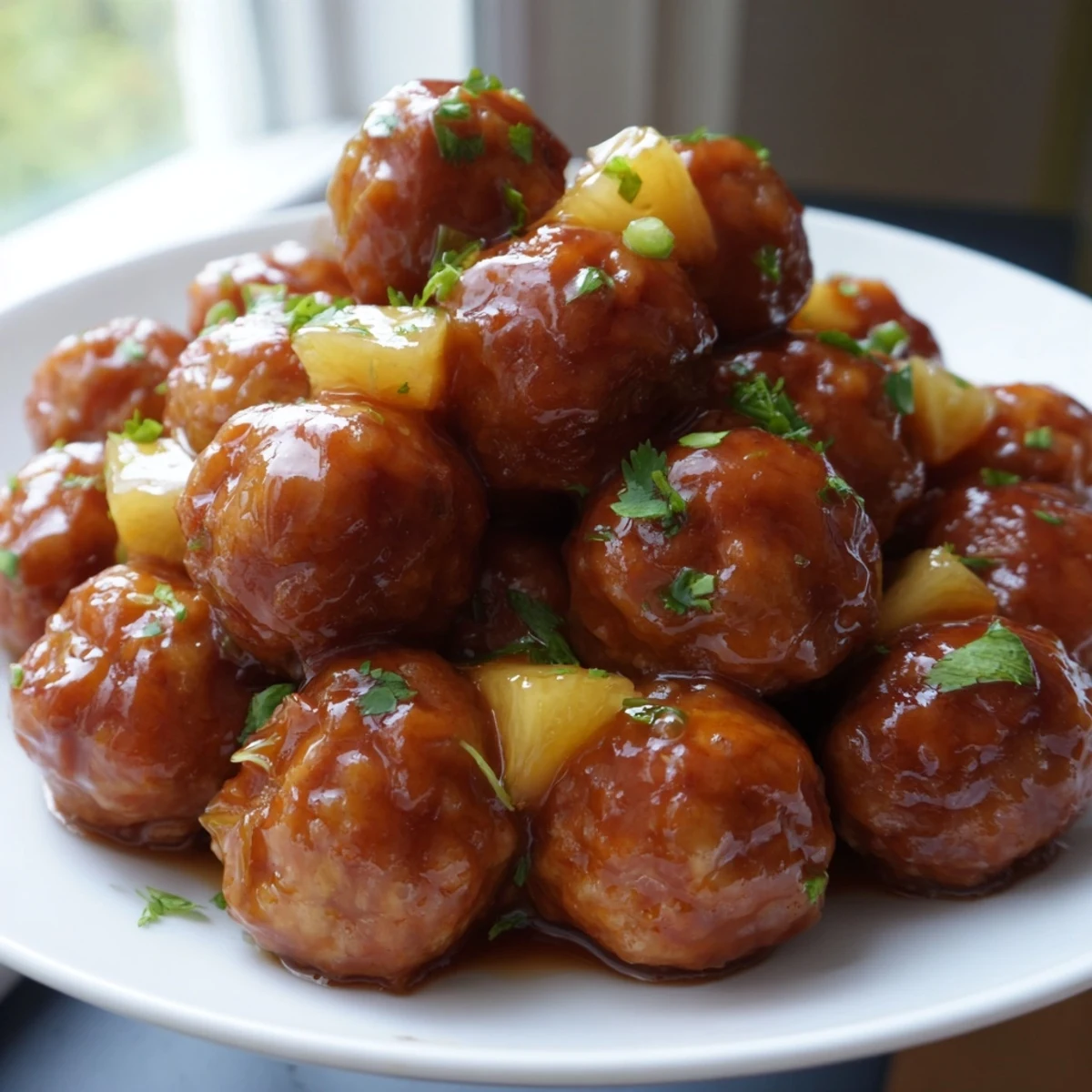 Skillet of Sweet Pineapple Chicken Meatballs tossed with pineapple chunks and fresh cilantro