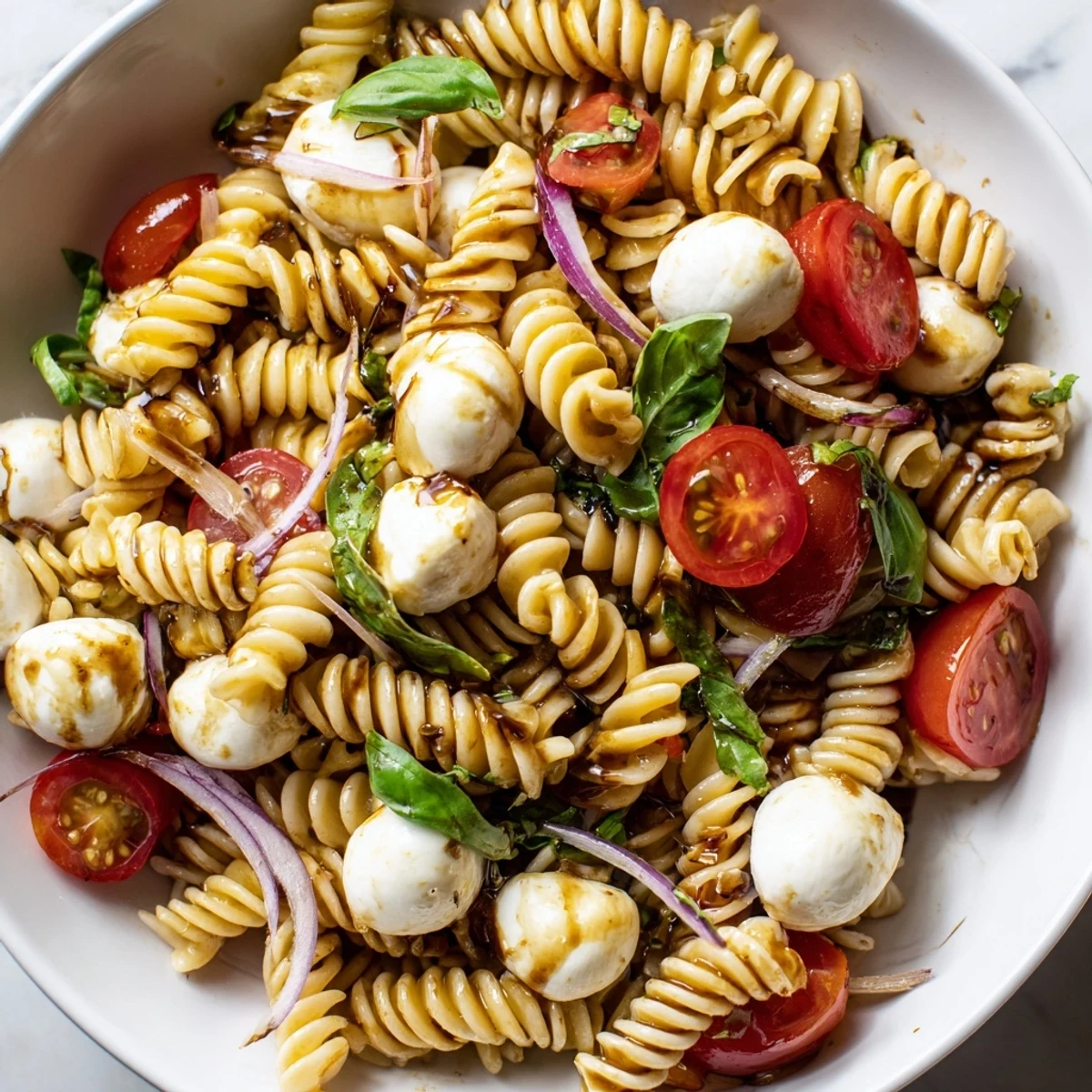 Colorful Caprese Pasta Salad with ripe cherry tomatoes, creamy mozzarella, and fresh basil leaves tossed together