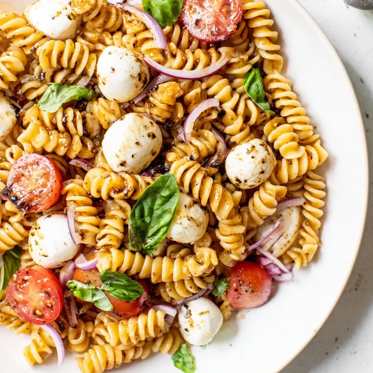 Caprese Pasta Salad served in a rustic bowl drizzled with glossy balsamic vinaigrette and garnished beautifully