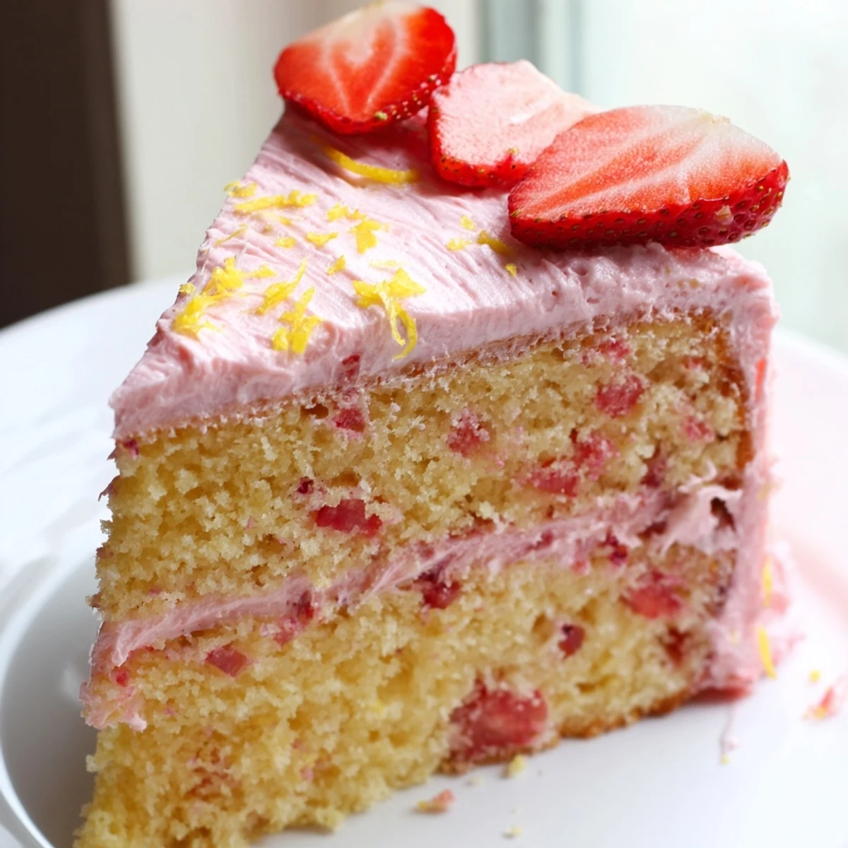 Strawberry lemonade cake layered with pink frosting and topped with fresh berries