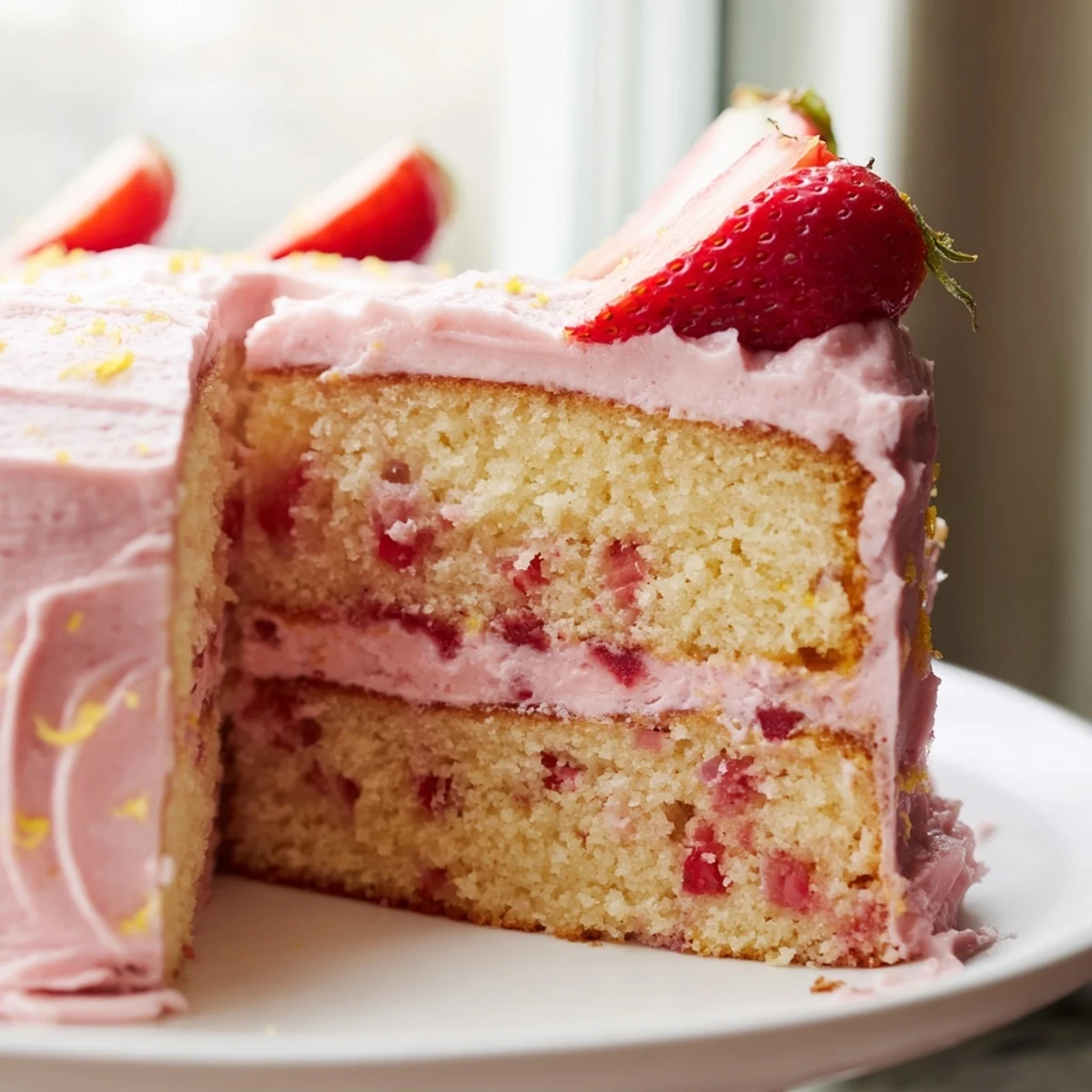 A tall strawberry lemonade cake dripping with tangy citrus frosting on a summer table