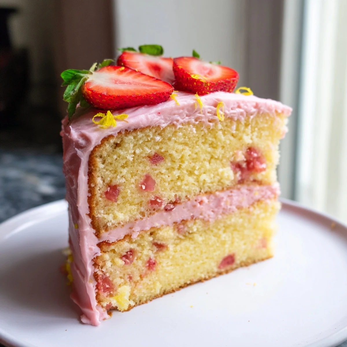 Moist strawberry lemonade cake sliced on a rustic plate with lemon zest garnish