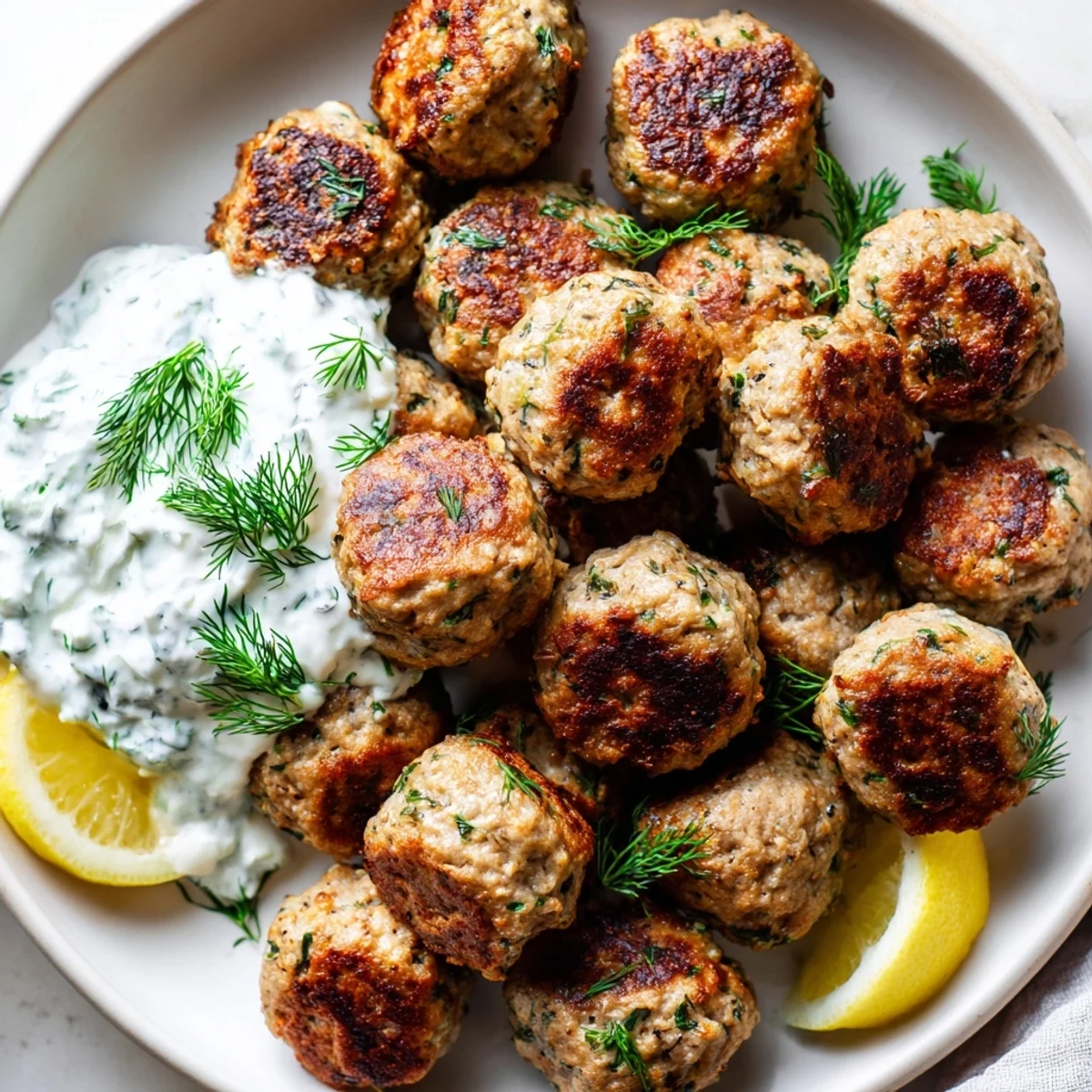 Golden Greek turkey meatballs nestled beside a bowl of cool, creamy tzatziki sauce on a rustic plate