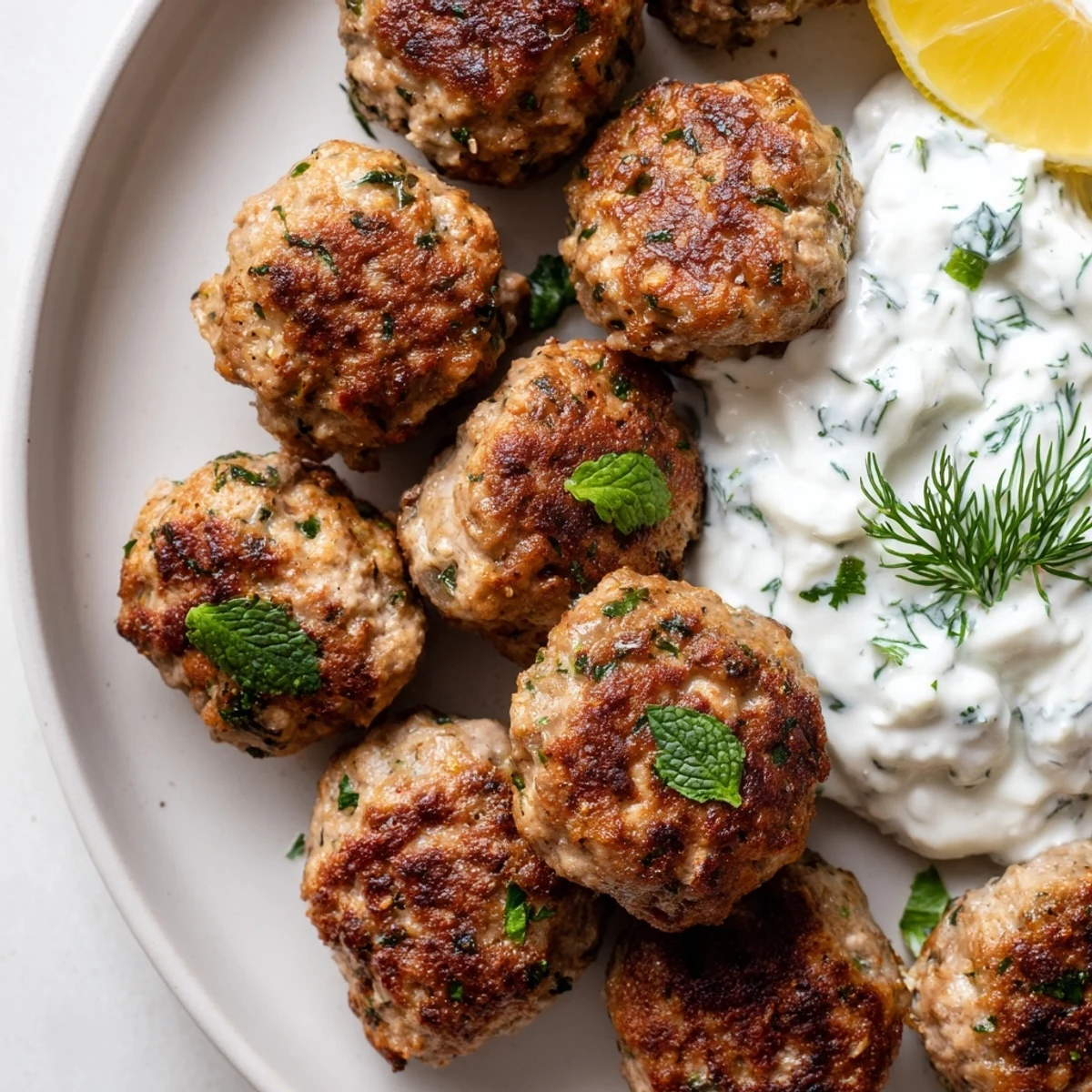 Crispy pan-seared Greek turkey meatballs arranged over greens with a generous scoop of refreshing cucumber tzatziki