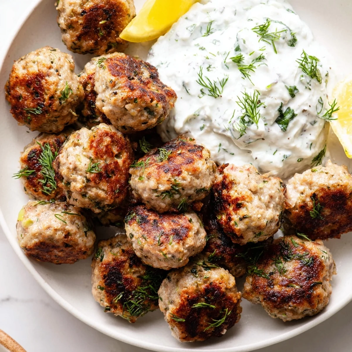 Juicy herb-crusted Greek turkey meatballs drizzled with tzatziki and finished with fresh lemon and dill garnish