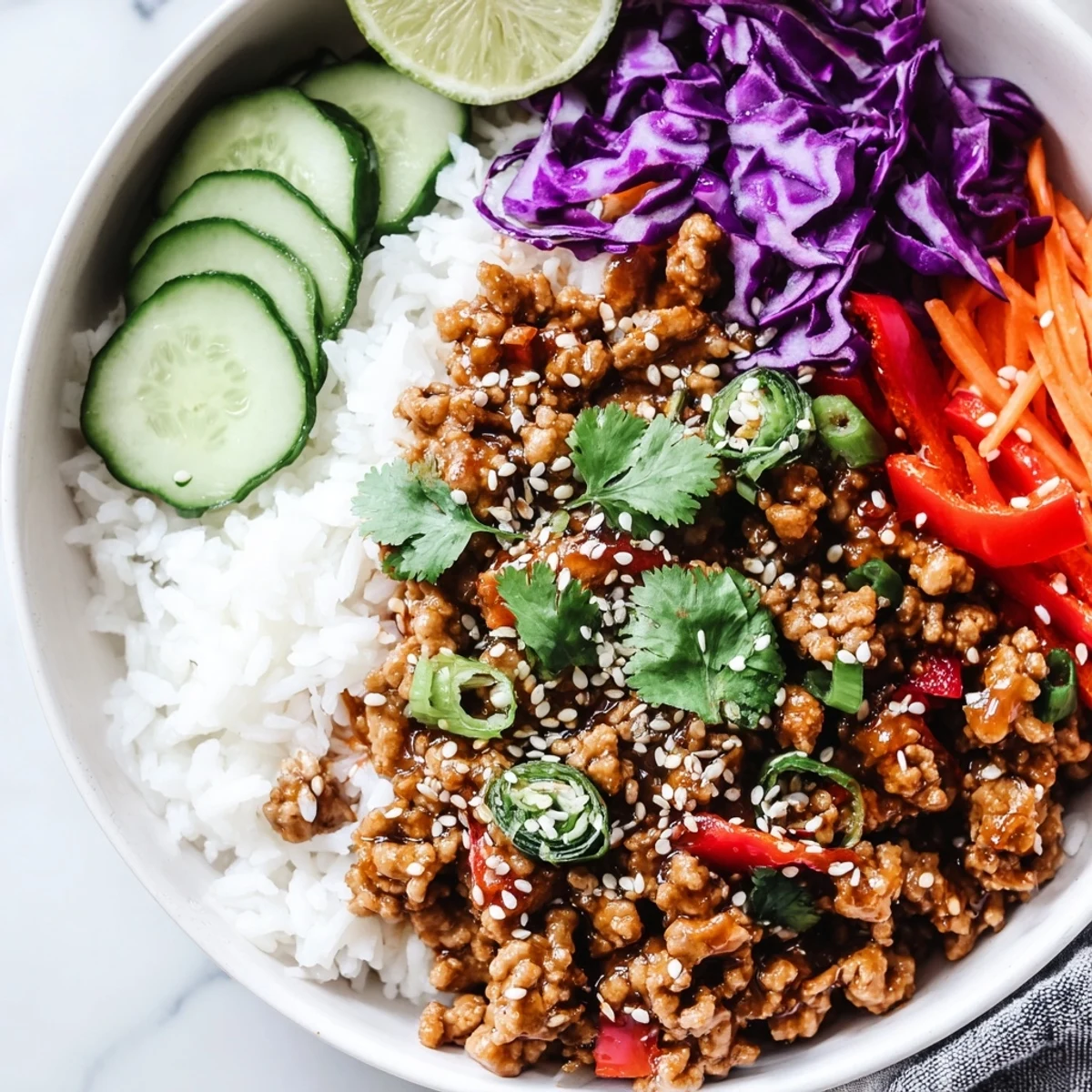 Colorful ground turkey rice bowls with crisp vegetables and sesame seeds on rustic stoneware
