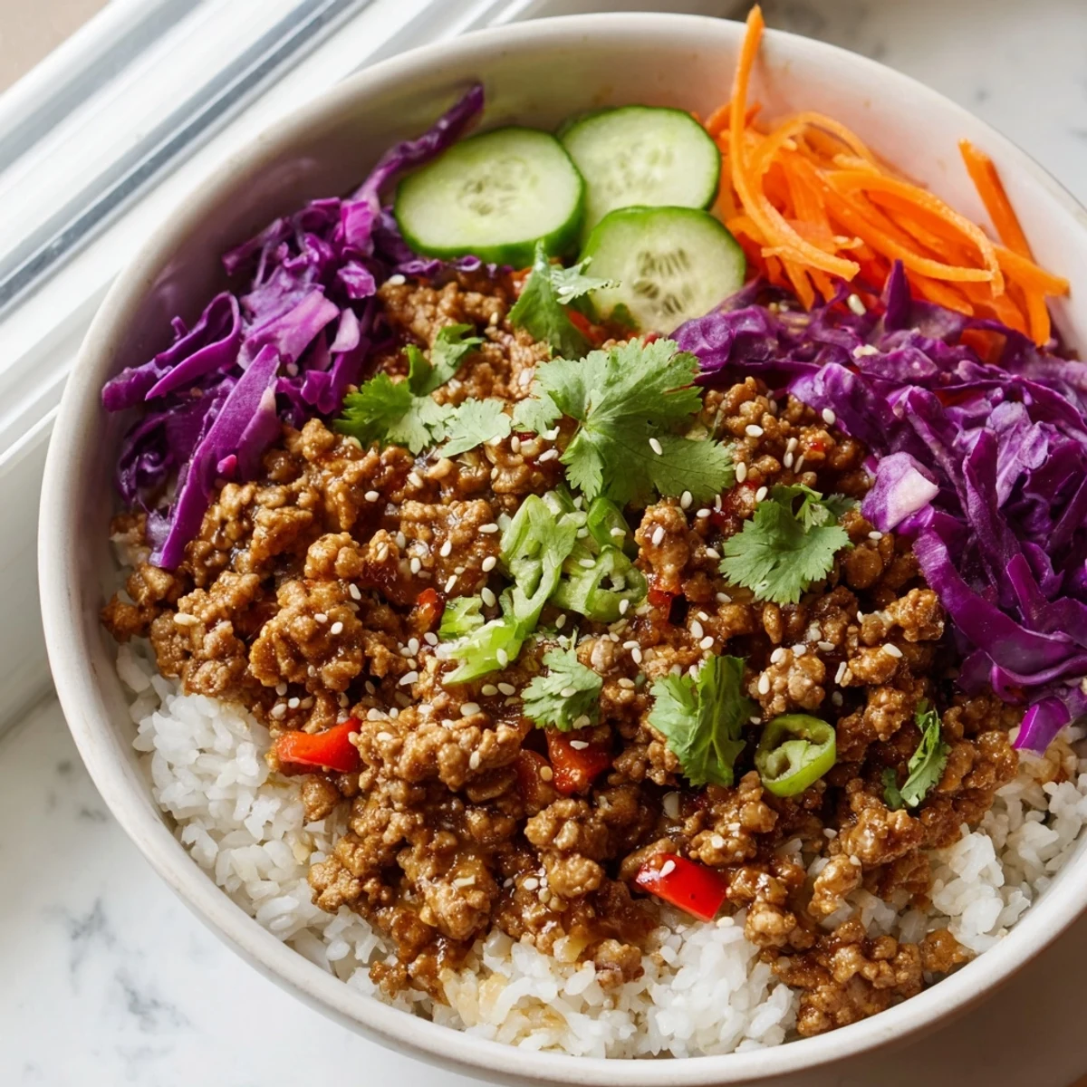 Steaming ground turkey rice bowls topped with shredded cabbage and fresh cilantro garnish
