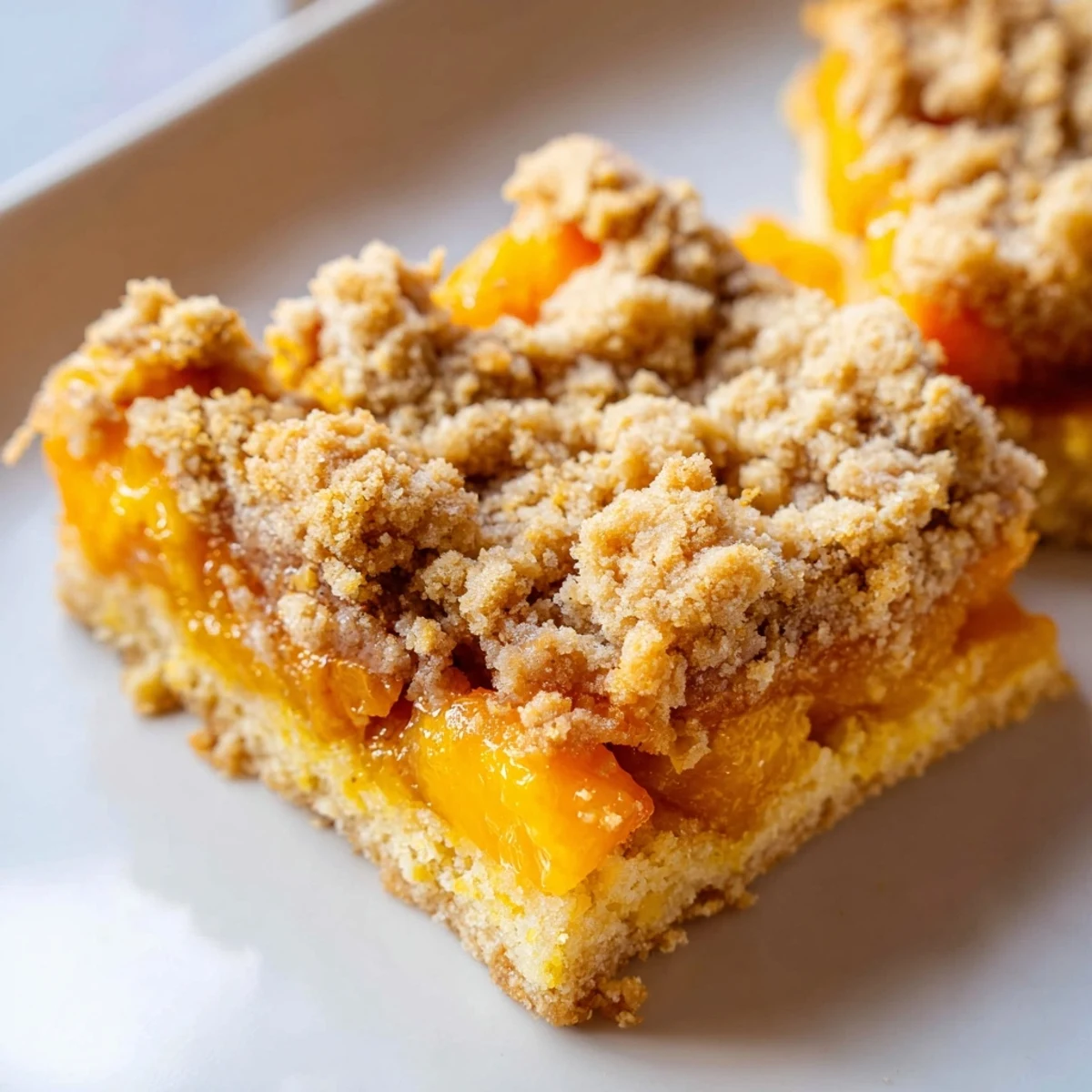 Sweet and buttery peach bars with cinnamon streusel topped with golden crumbles on a rustic plate