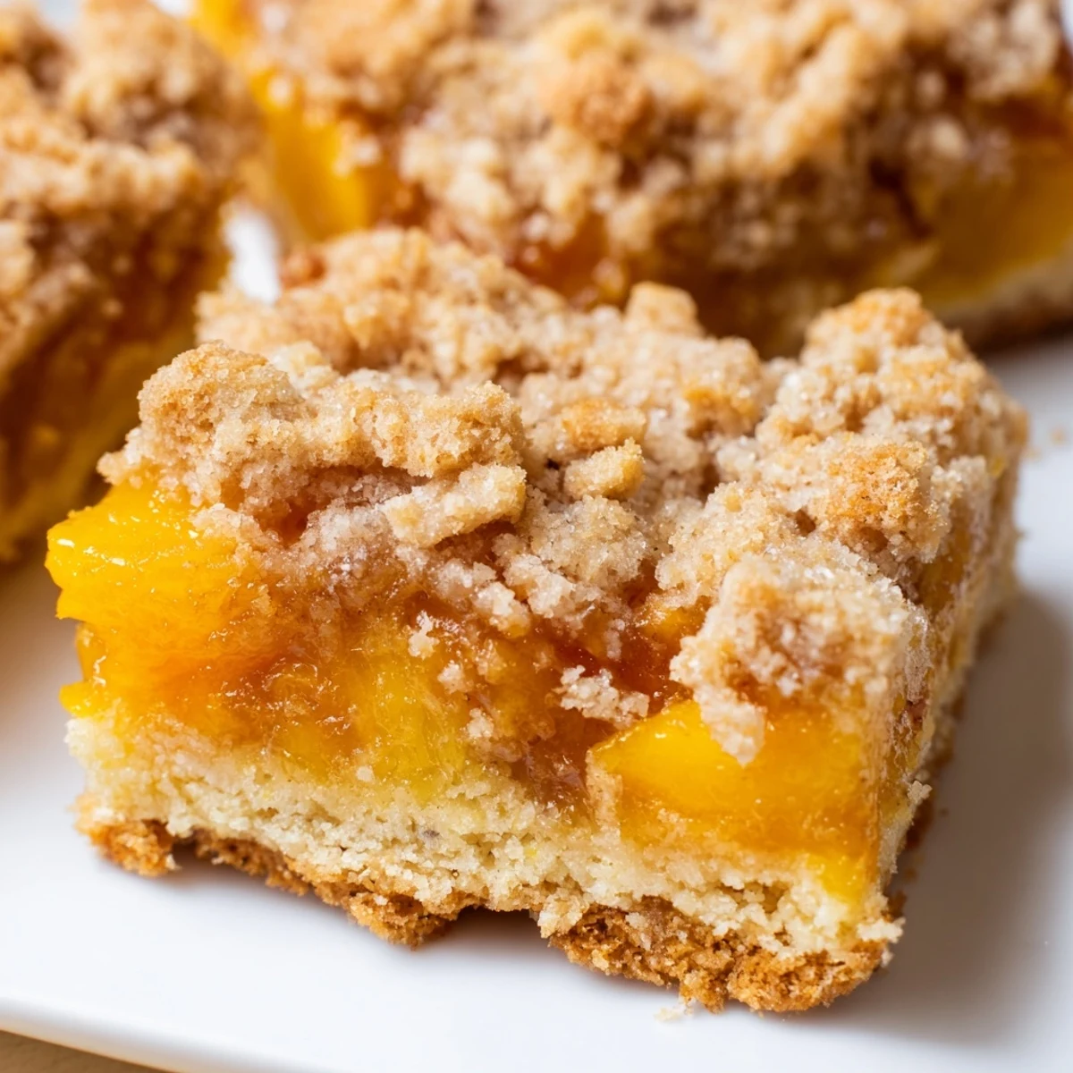Warm peach bars with cinnamon streusel cut into squares showing a juicy fruit filling