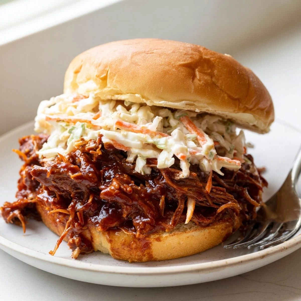 Slow Cooker BBQ Pulled Beef piled high on a toasted bun with creamy coleslaw