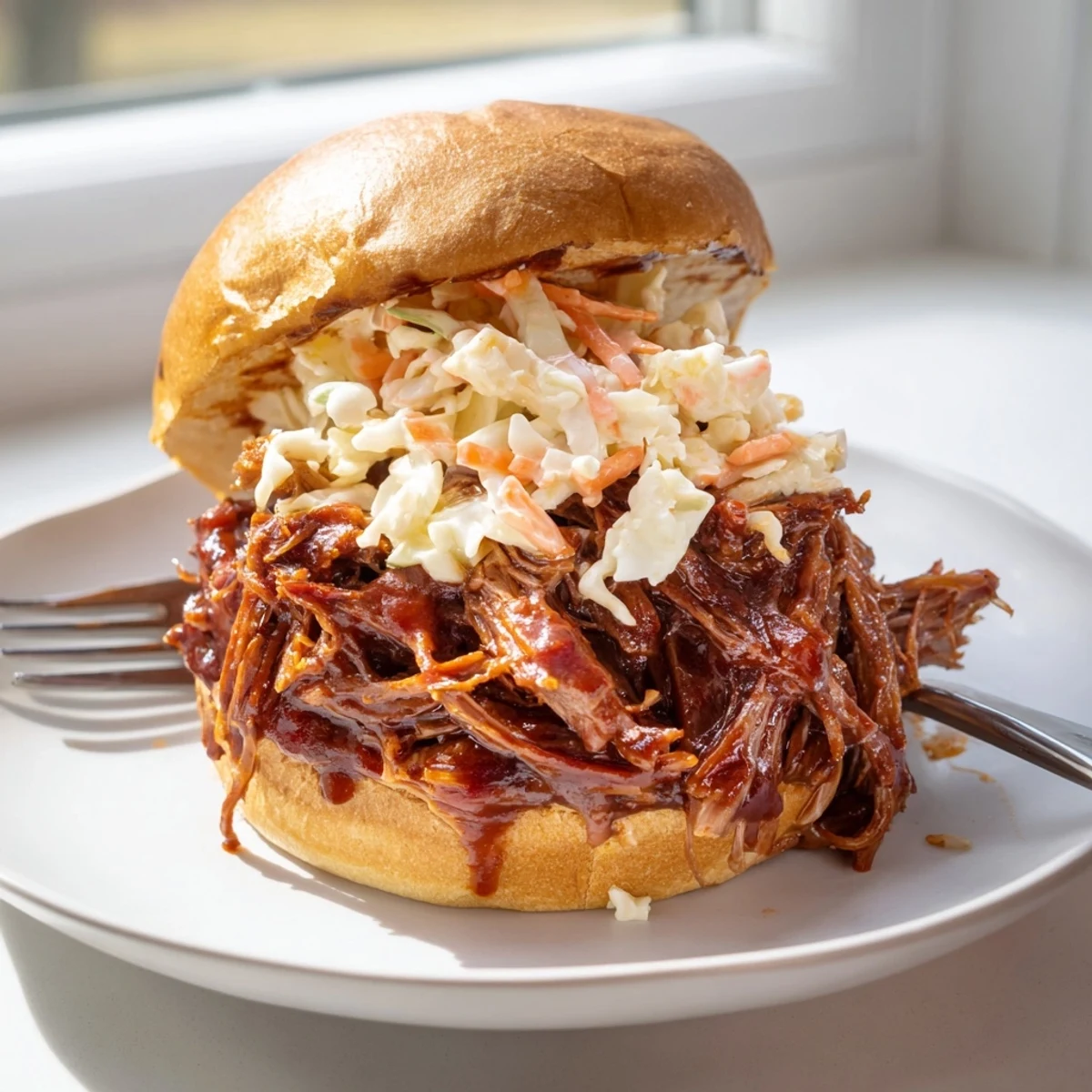 Tender shredded Slow Cooker BBQ Pulled Beef glistening in rich smoky barbecue sauce
