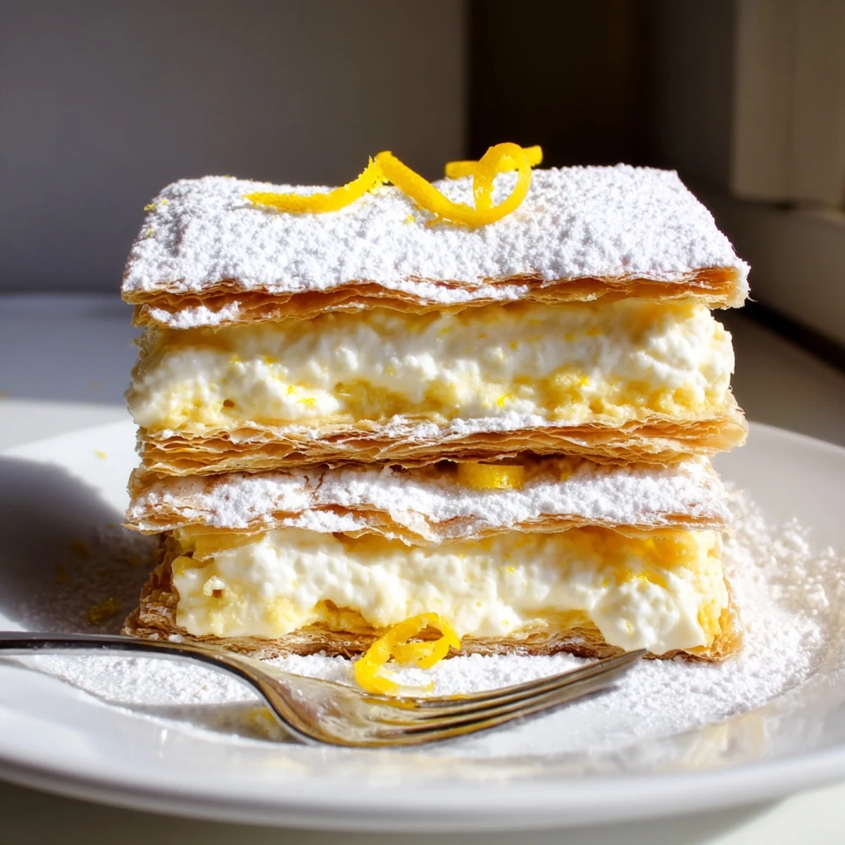 Golden crisp layers of lemon ricotta puff pastry mille feuille dusted with powdered sugar