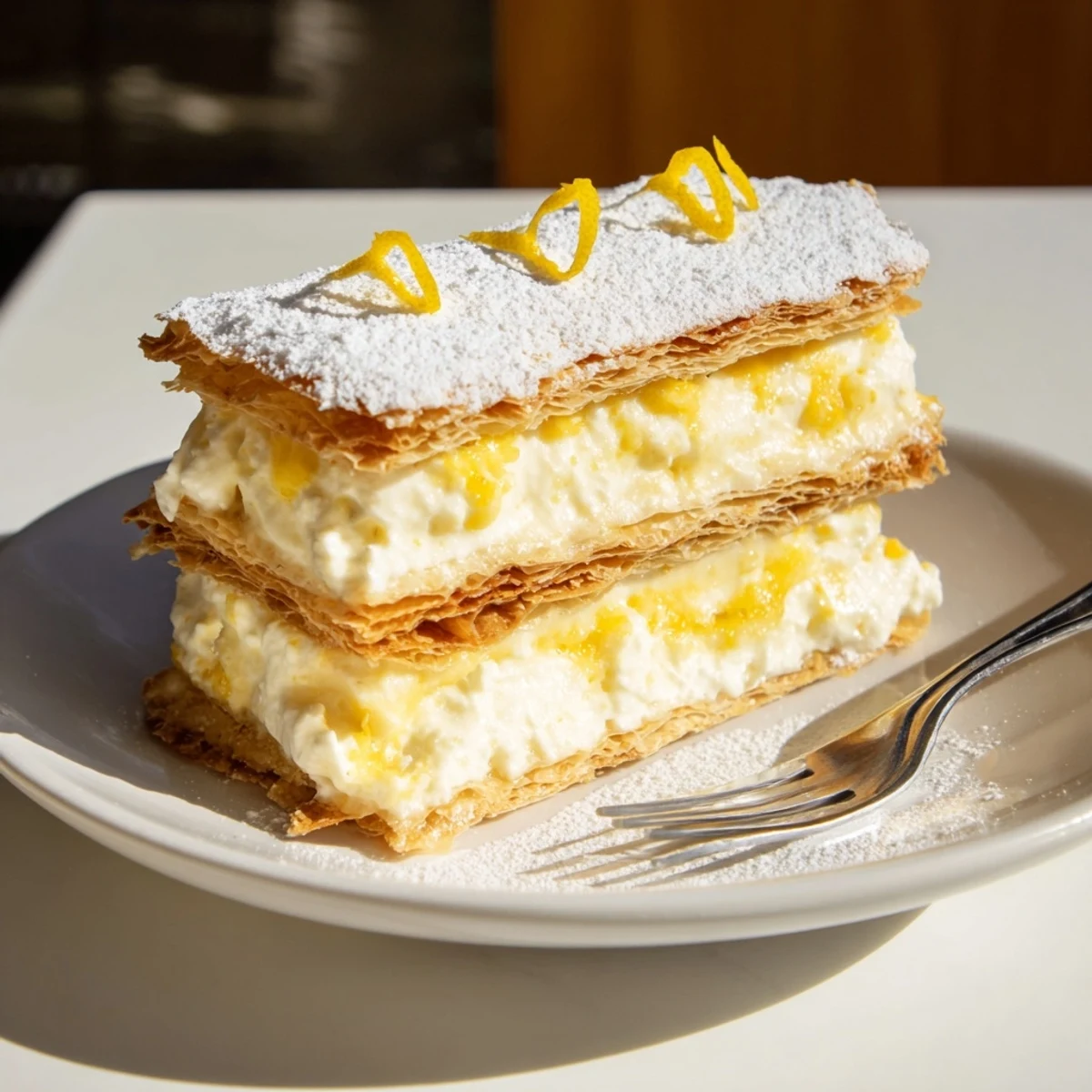 Creamy lemon ricotta filling sandwiched between flaky puff pastry mille feuille layers on a plate
