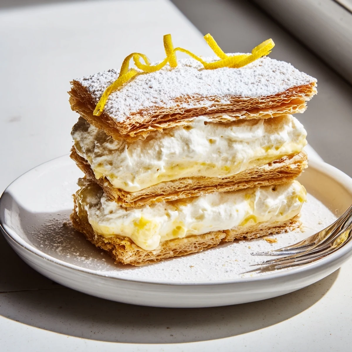 Tall stack of lemon ricotta puff pastry mille feuille with delicate lemon zest curls on top