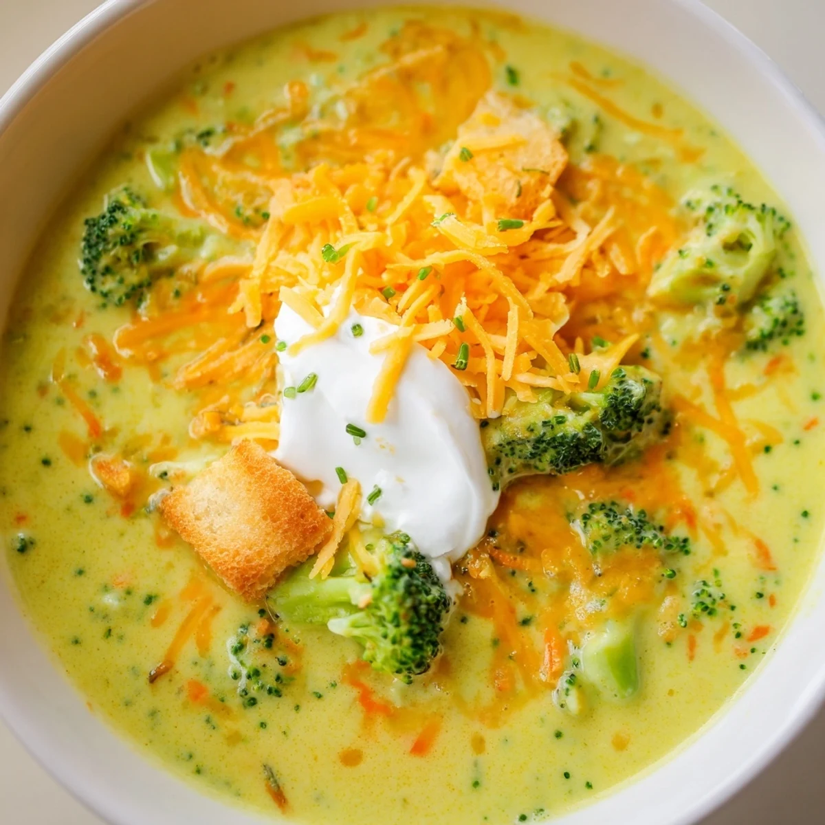 Creamy slow cooker broccoli cheese soup ladled into a rustic bread bowl