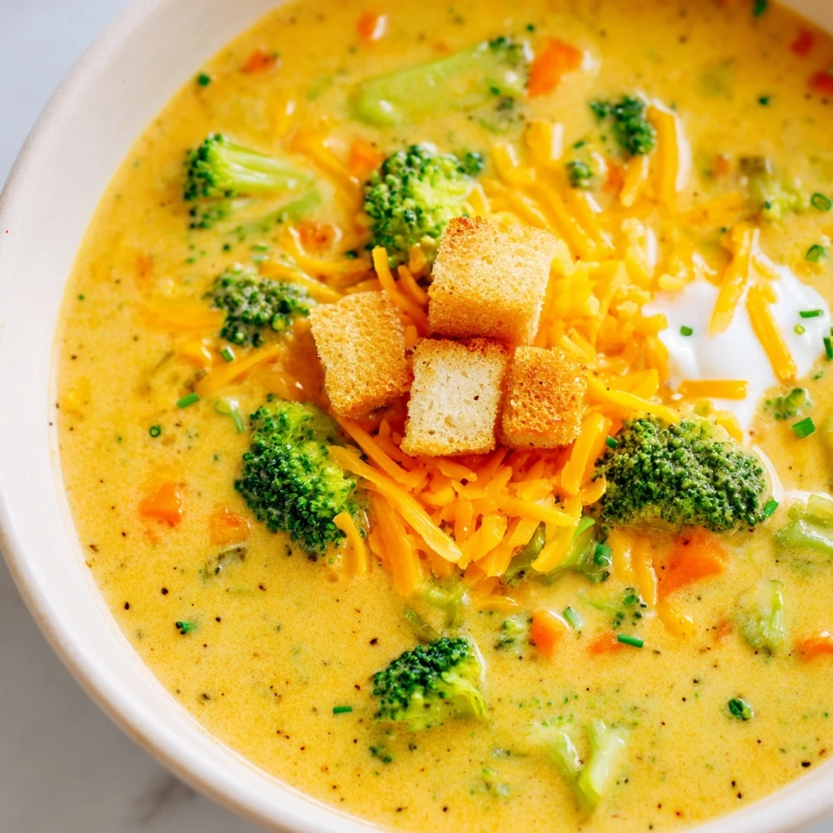 Slow cooker broccoli cheese soup topped with melted cheddar and fresh chives