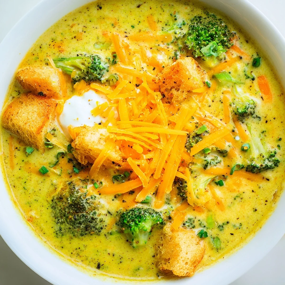 Thick velvety slow cooker broccoli cheese soup garnished with golden croutons and parsley