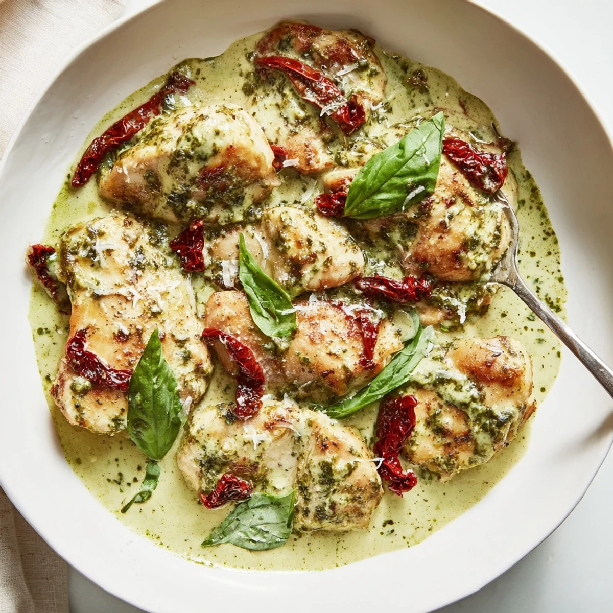 Golden seared marry me chicken pesto topped with sun-dried tomatoes and fresh basil