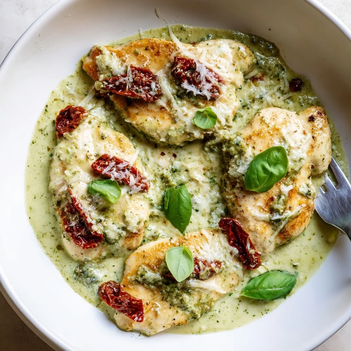 Tender marry me chicken pesto swimming in a luscious cheesy cream sauce