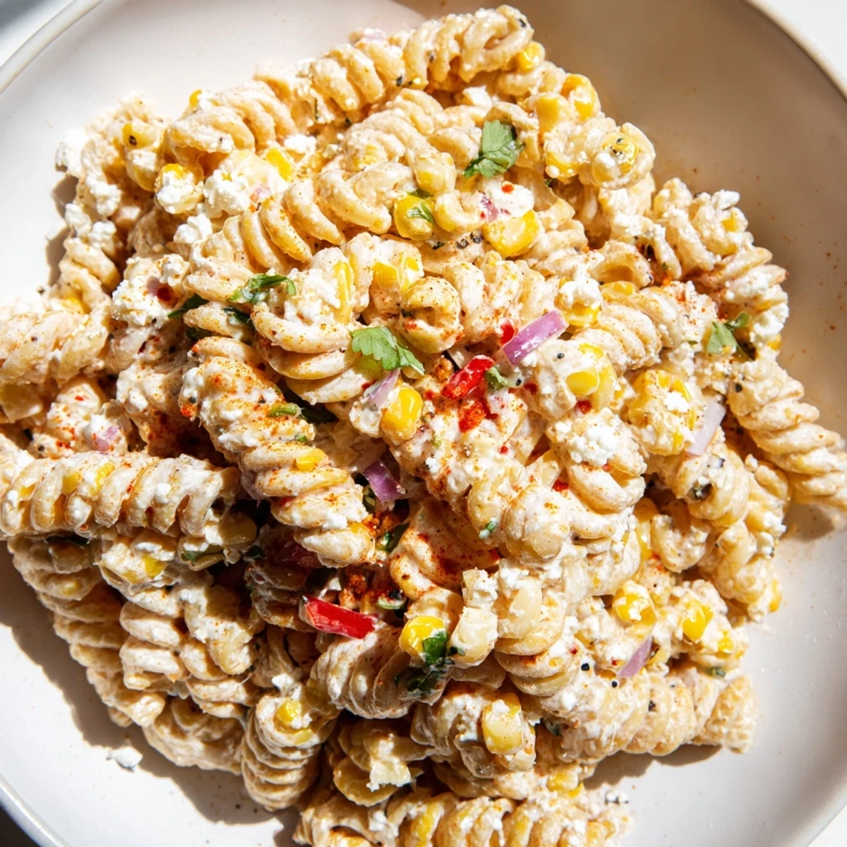 Creamy elote street corn pasta salad topped with crumbled cotija cheese and fresh cilantro