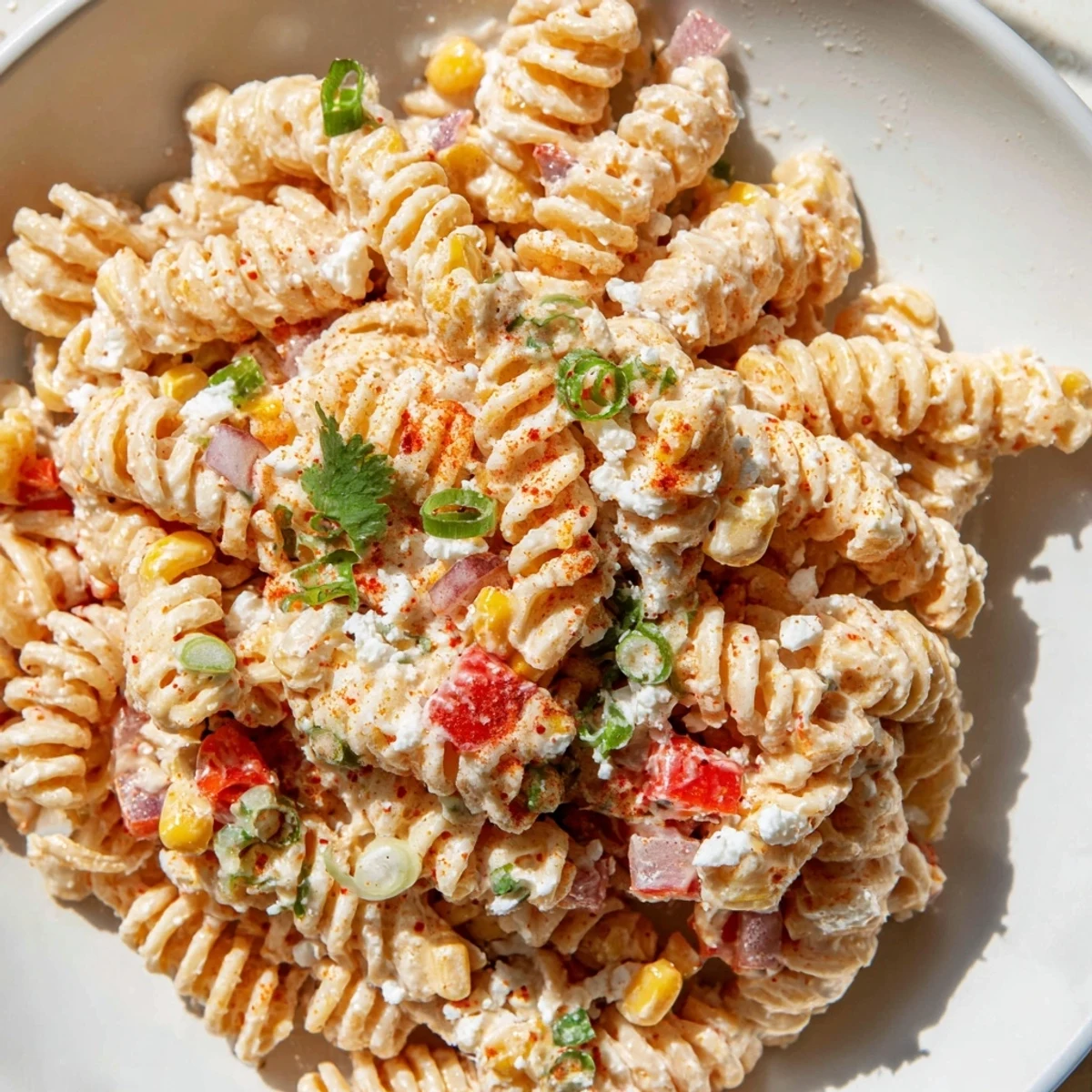 Smoky grilled corn and tender rotini tossed in a tangy lime dressing for this elote street corn pasta salad