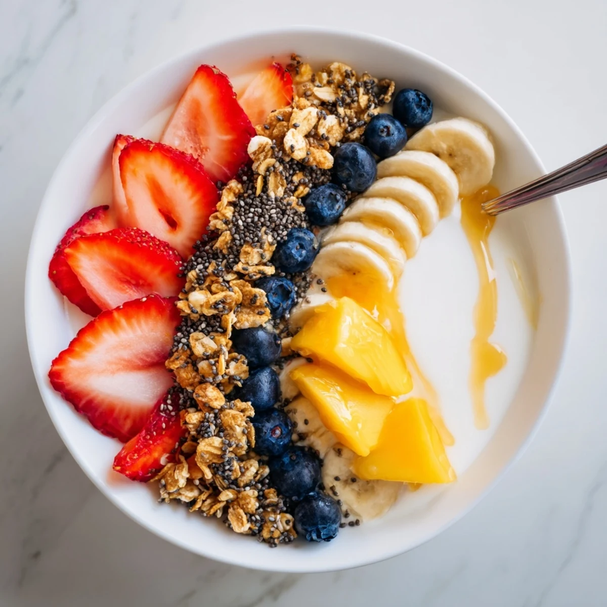 A vibrant yogurt fruit bowl recipe featuring fresh strawberries, blueberries, mango, and banana slices topped with crunchy granola